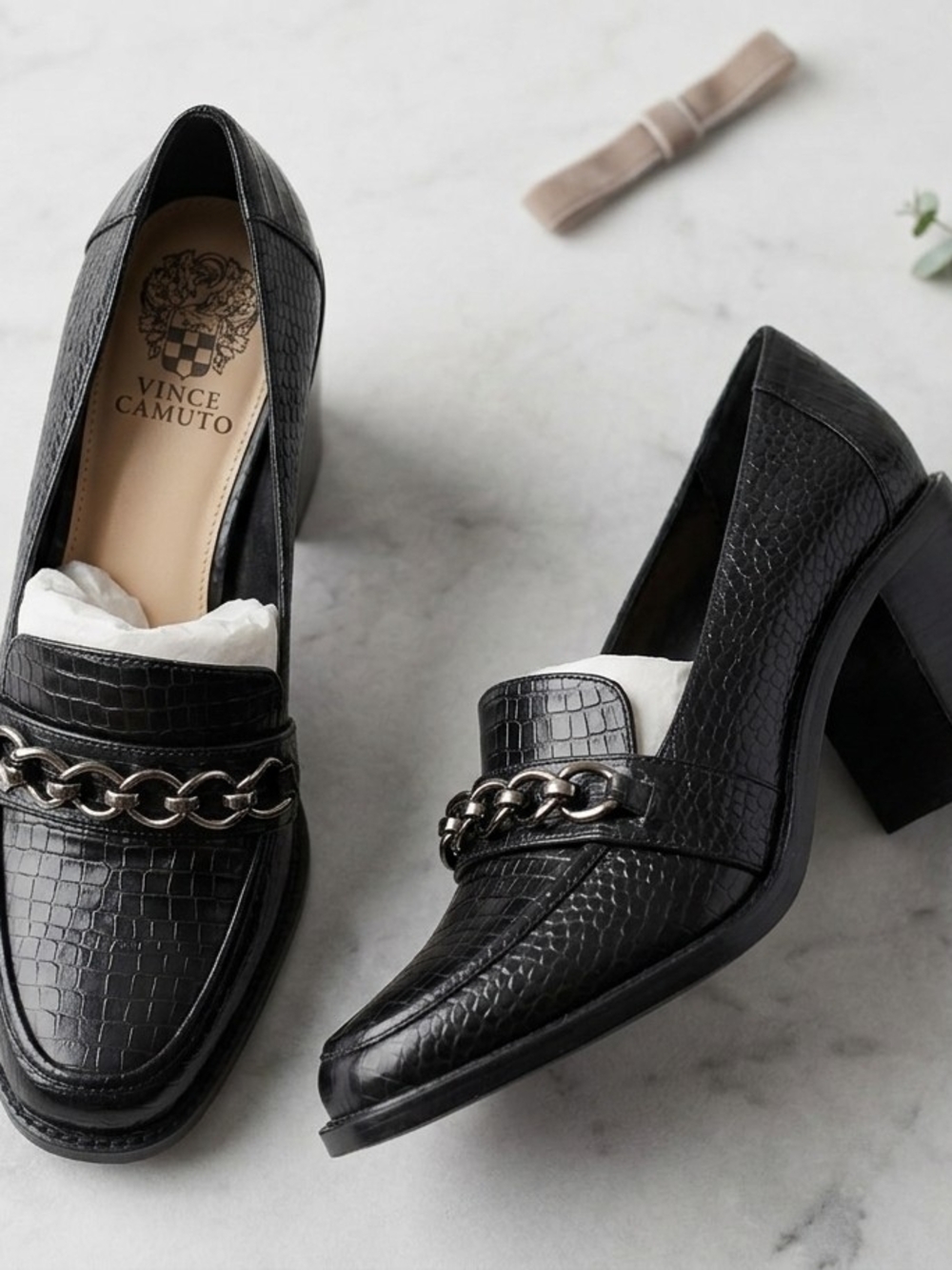 Vince Camuto Black Croc-Embossed Chain Block Heel Loafers